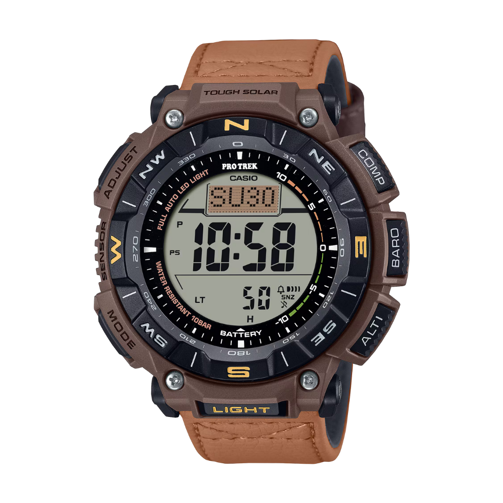 Digital watch with brown leather strap on a white background