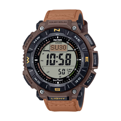 Digital watch with brown leather strap on a white background