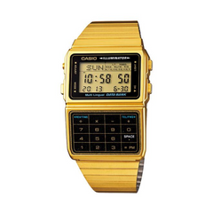 Gold Casio digital watch with calculator on a white background