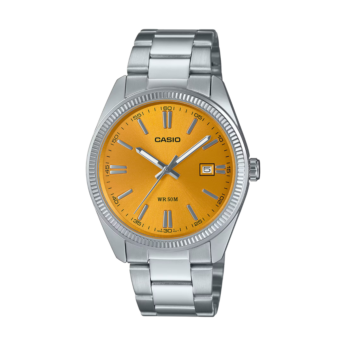 Casio watch with silver strap and orange dial
