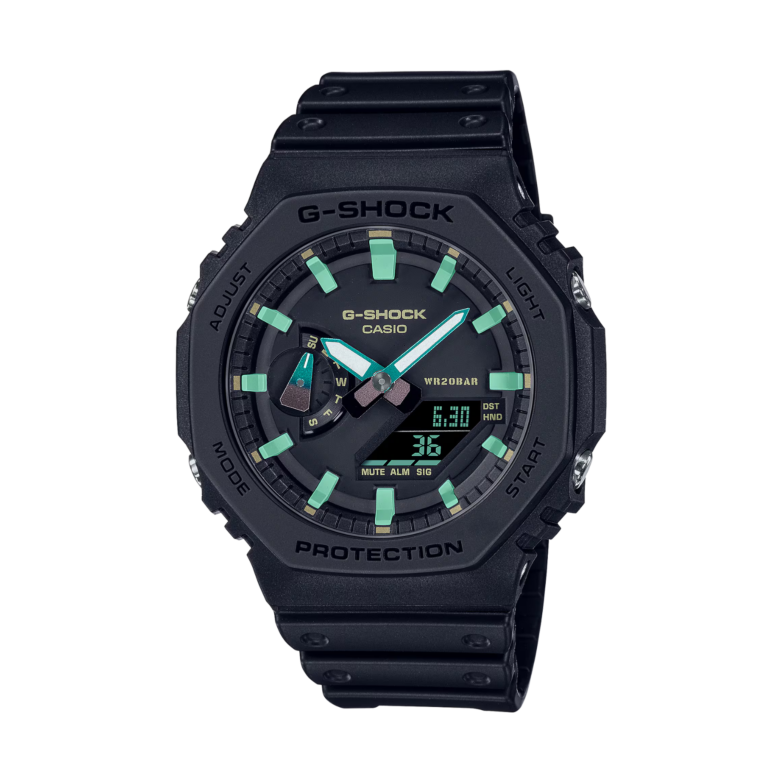 Black Casio G-Shock watch with green accents on a white background