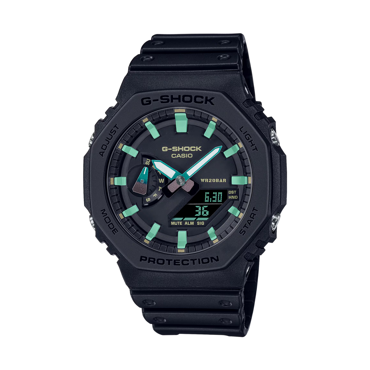 Black Casio G-Shock watch with green accents on a white background