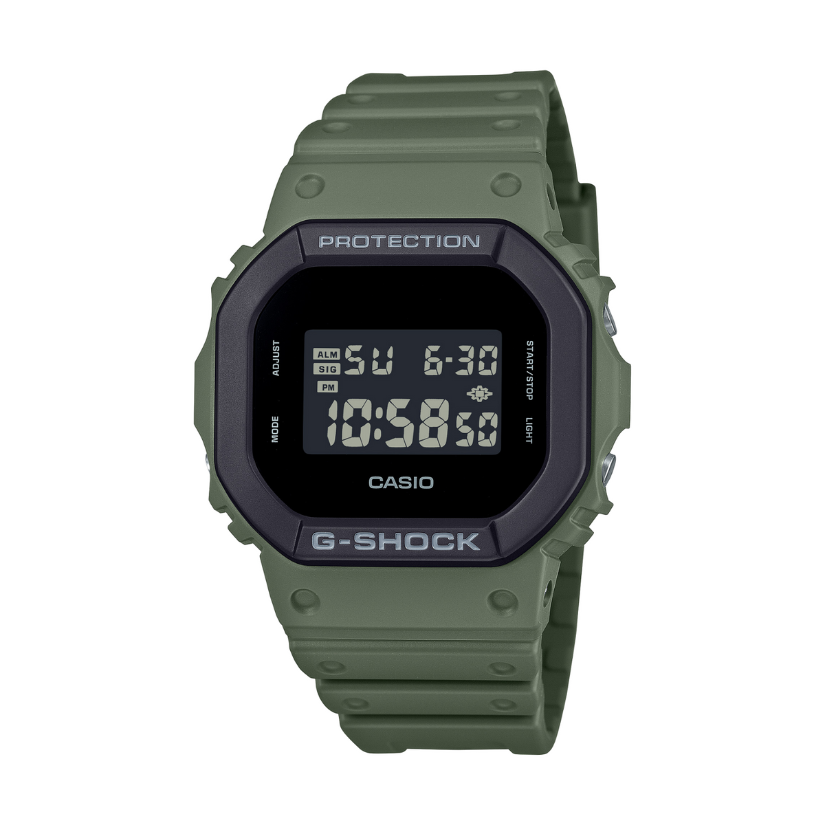 Green Casio G-Shock digital watch on a white background