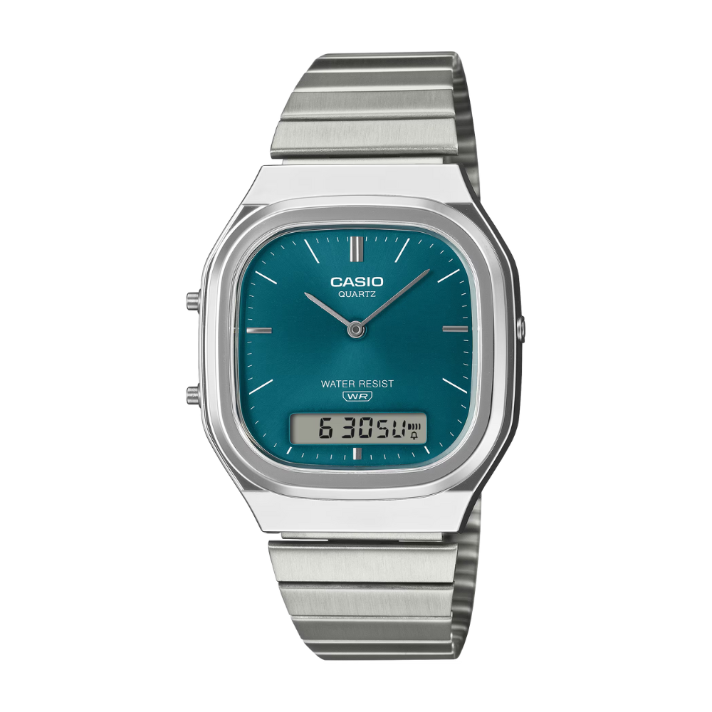 Casio watch with blue face and silver band on a white background
