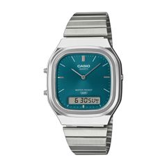 Casio watch with blue face and silver band on a white background