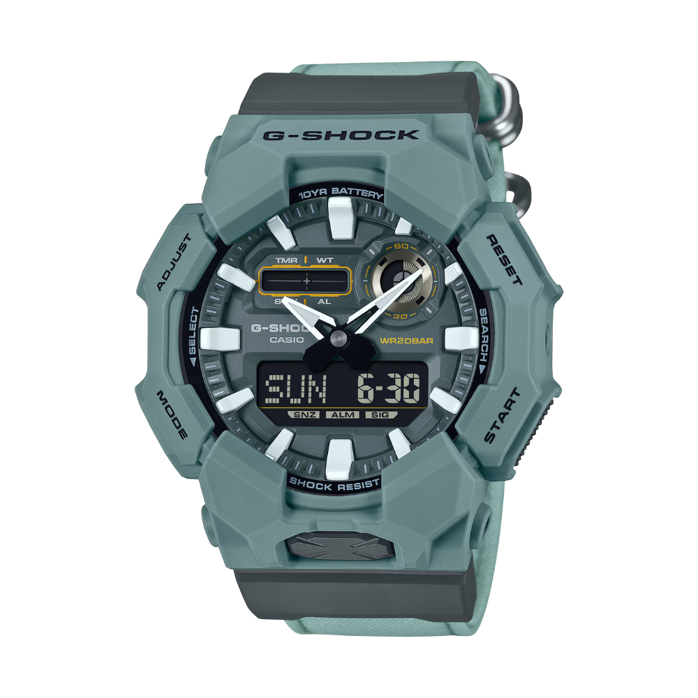 Green G-Shock watch on a white background