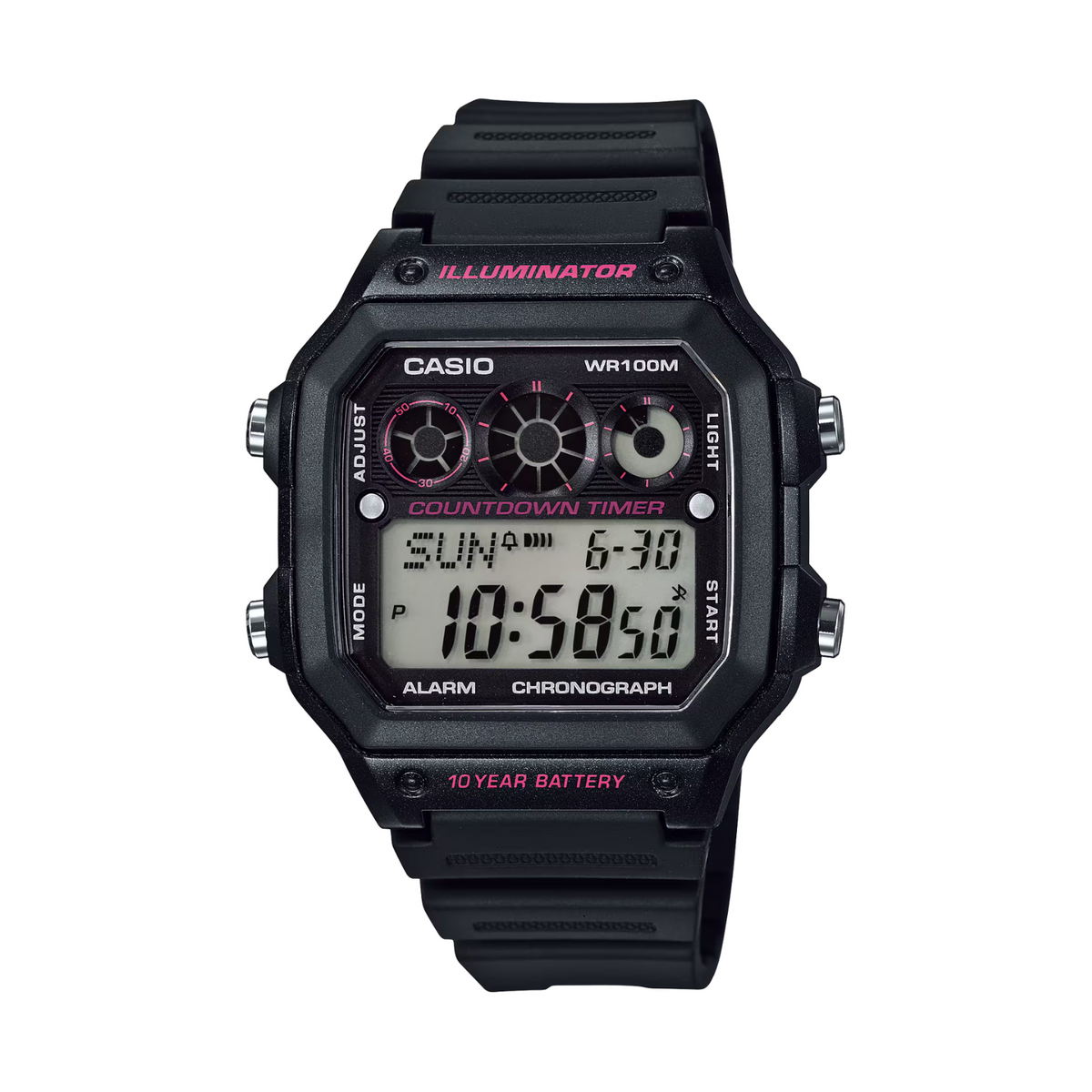 Black Casio digital watch on a white background