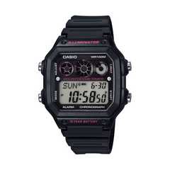 Black Casio digital watch on a white background