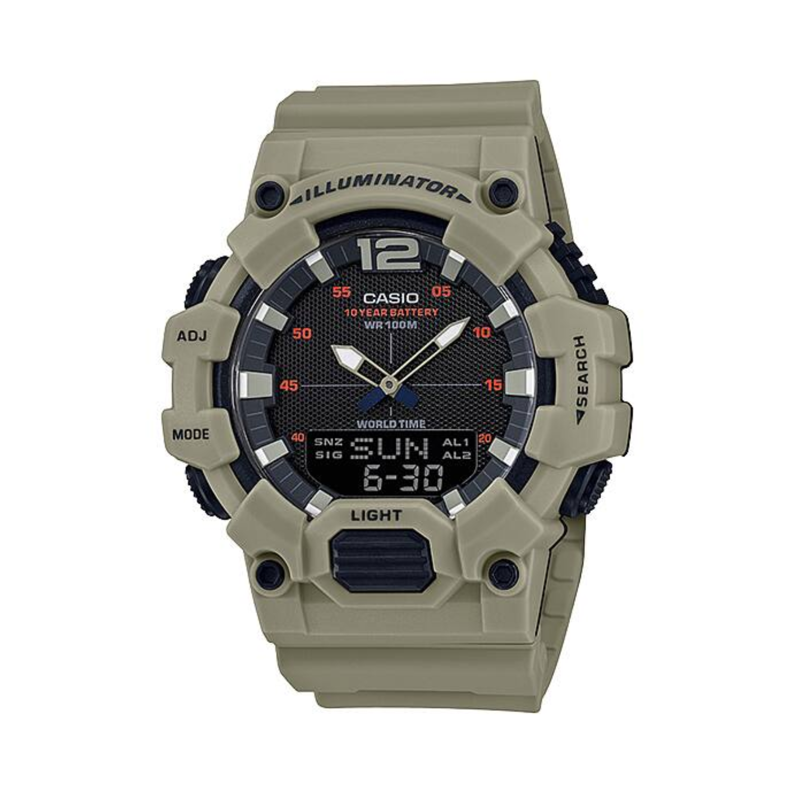 Casio digital watch with beige casing on a white background
