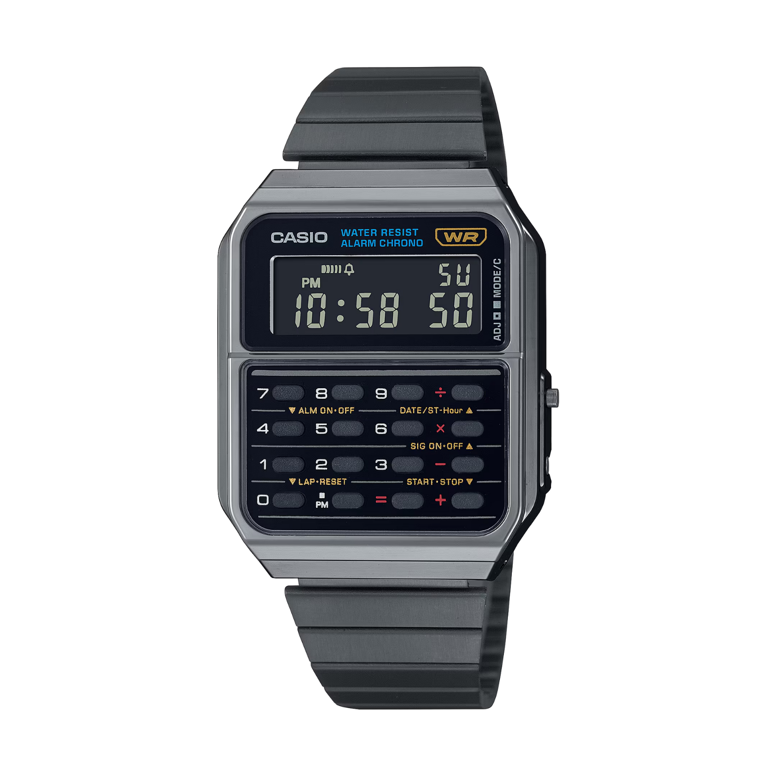Casio digital watch with black strap on a white background