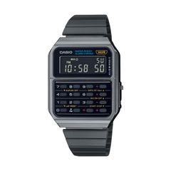 Casio digital watch with black strap on a white background