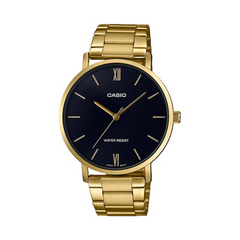 Gold Casio watch with black dial on a white background