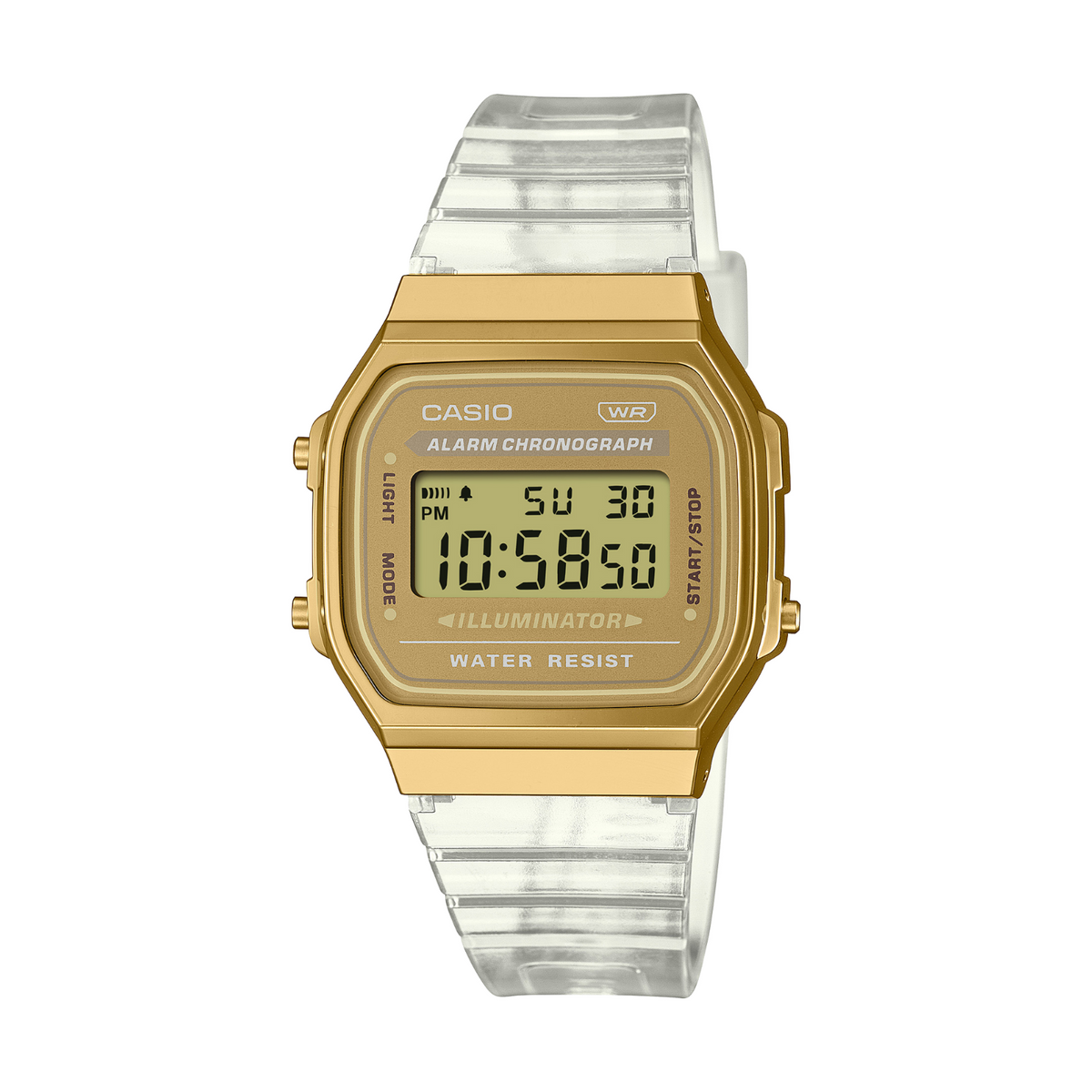 Gold Casio digital watch with a clear strap on a white background