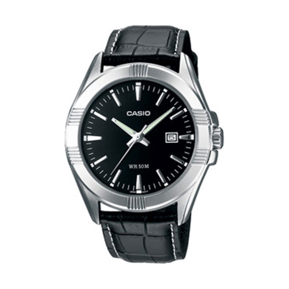 Casio watch with black leather strap and black dial on a white background