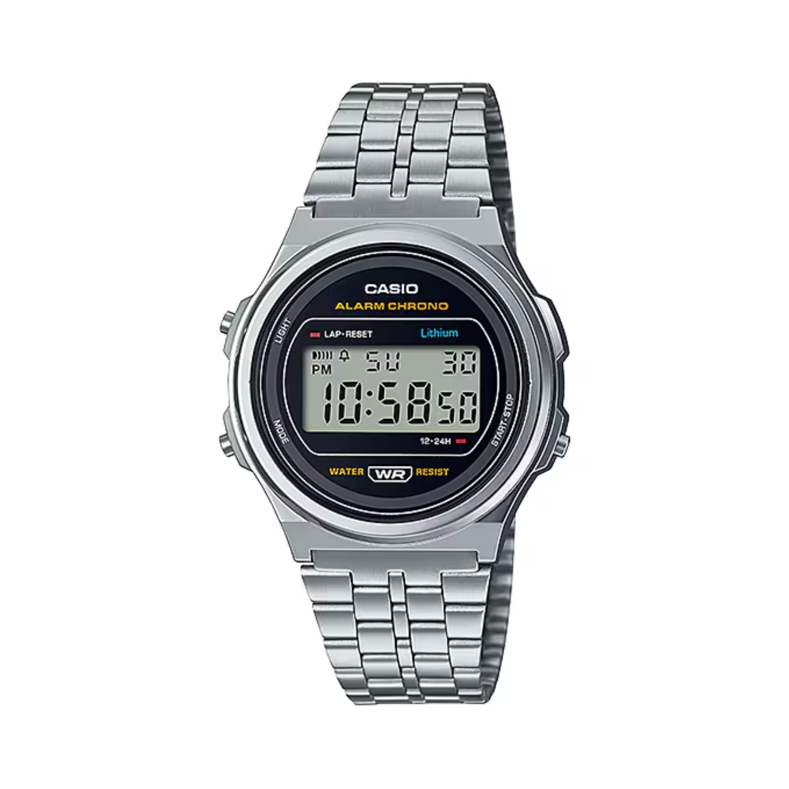 Silver Casio digital watch on a white background