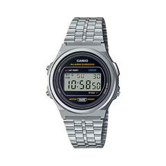 Silver Casio digital watch on a white background