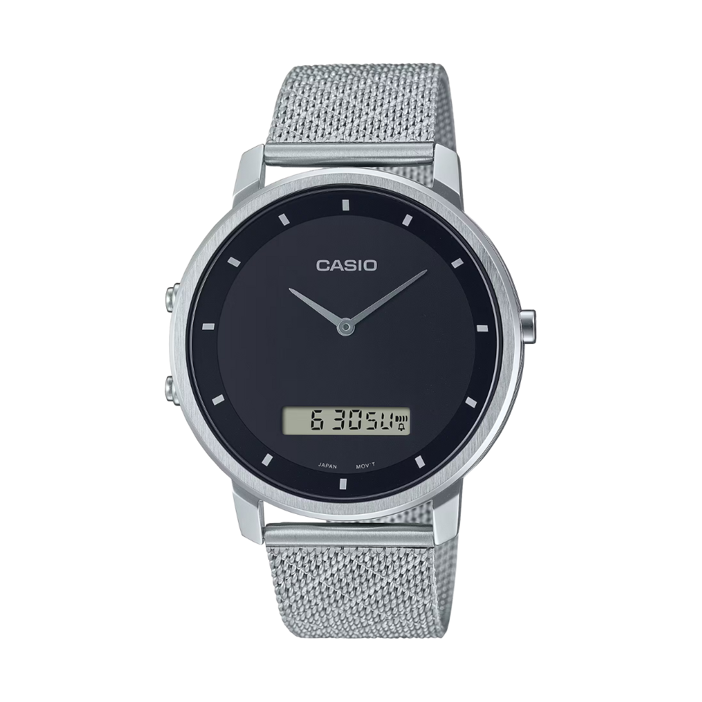 Casio watch with silver mesh strap on a white background