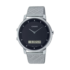 Casio watch with silver mesh strap on a white background