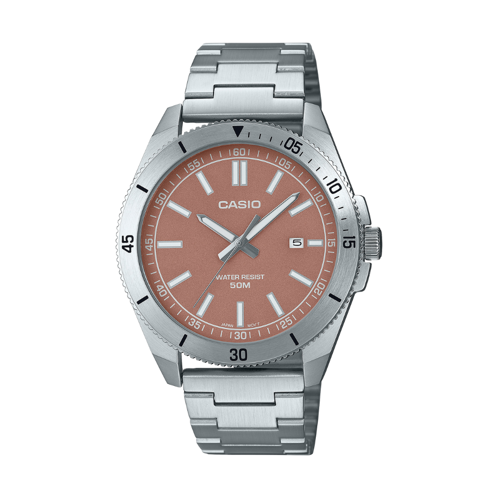 Casio watch with a silver strap and brown dial on a white background