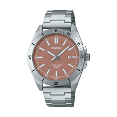 Casio watch with a silver strap and brown dial on a white background