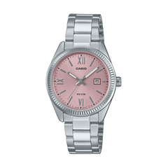 Casio watch with pink dial and silver metal strap on a white background