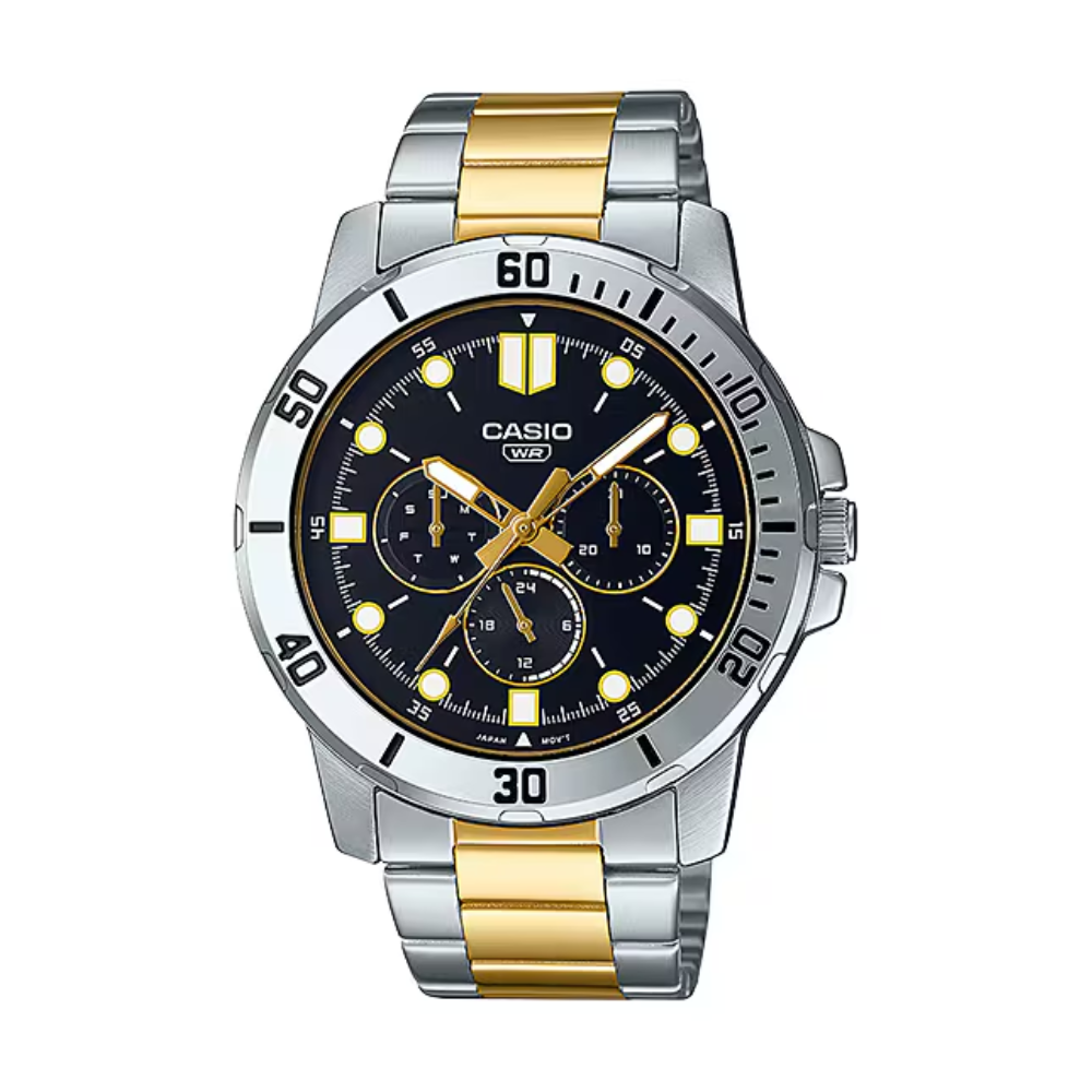 Casio watch with silver and gold band on a white background