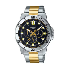Casio watch with silver and gold band on a white background