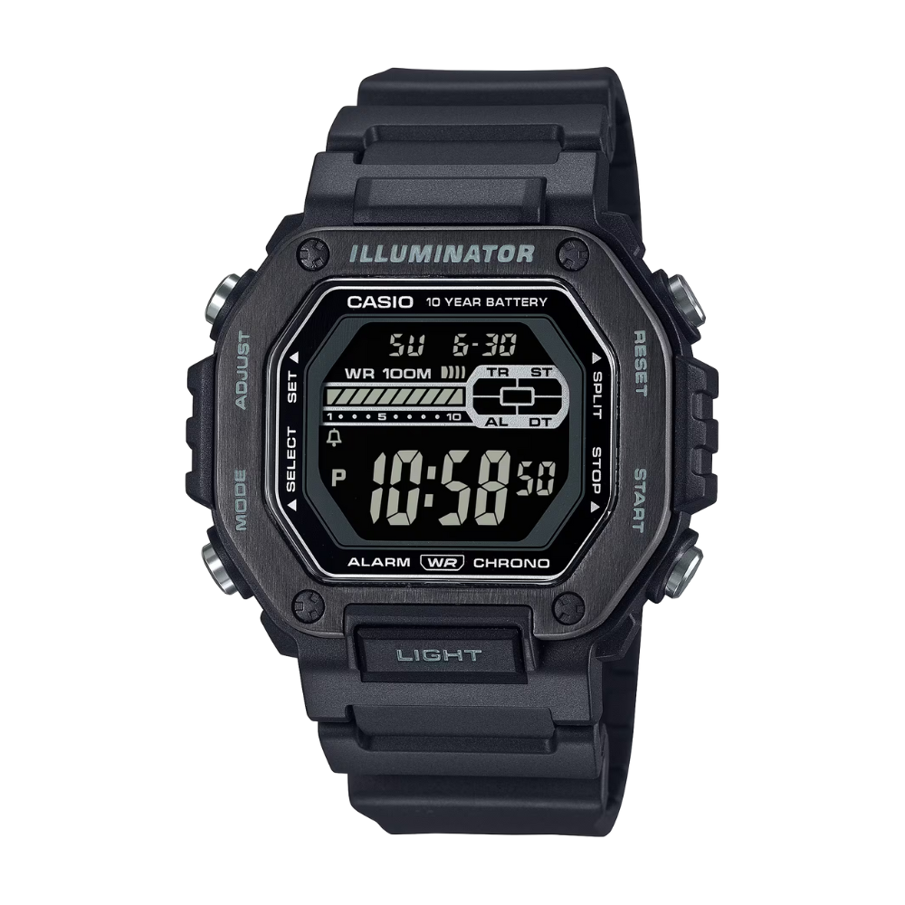 Black Casio digital watch on a white background
