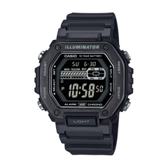 Black Casio digital watch on a white background