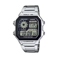 Casio digital watch with metal band on a white background