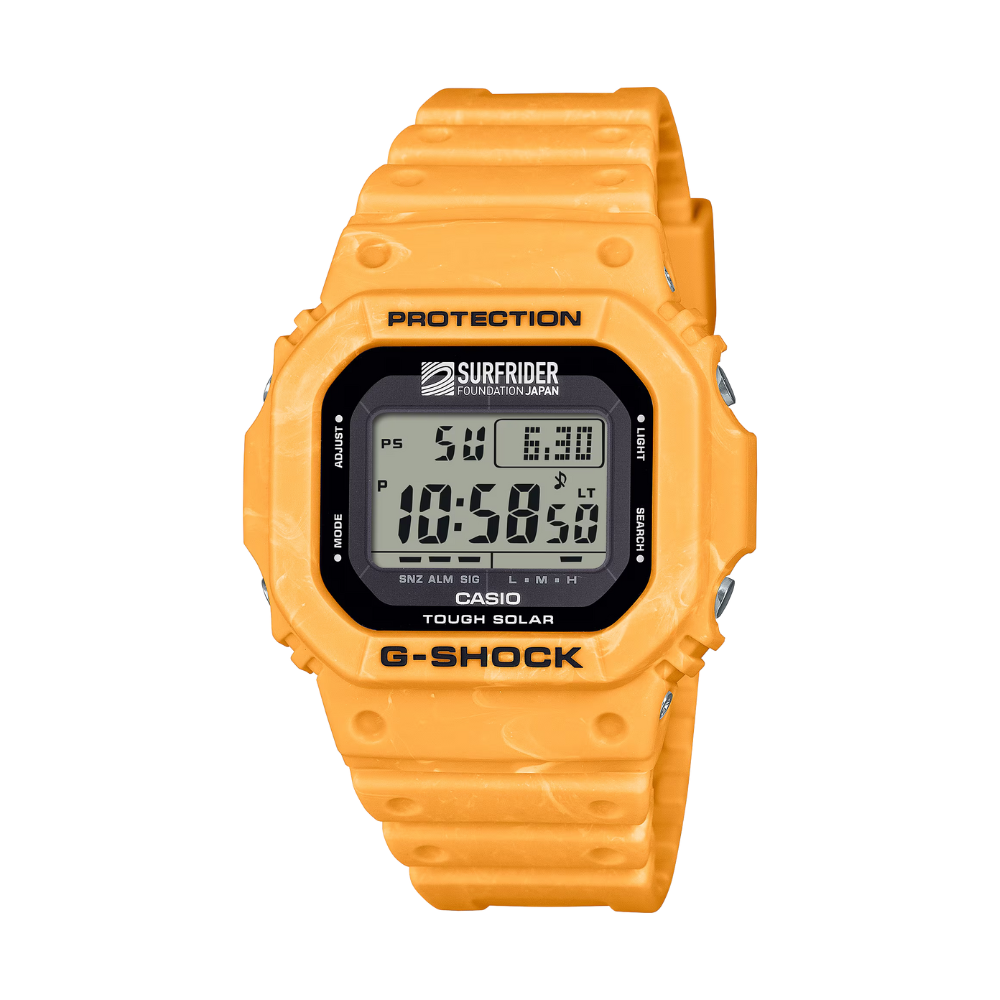 Orange Casio G-Shock watch on a white background