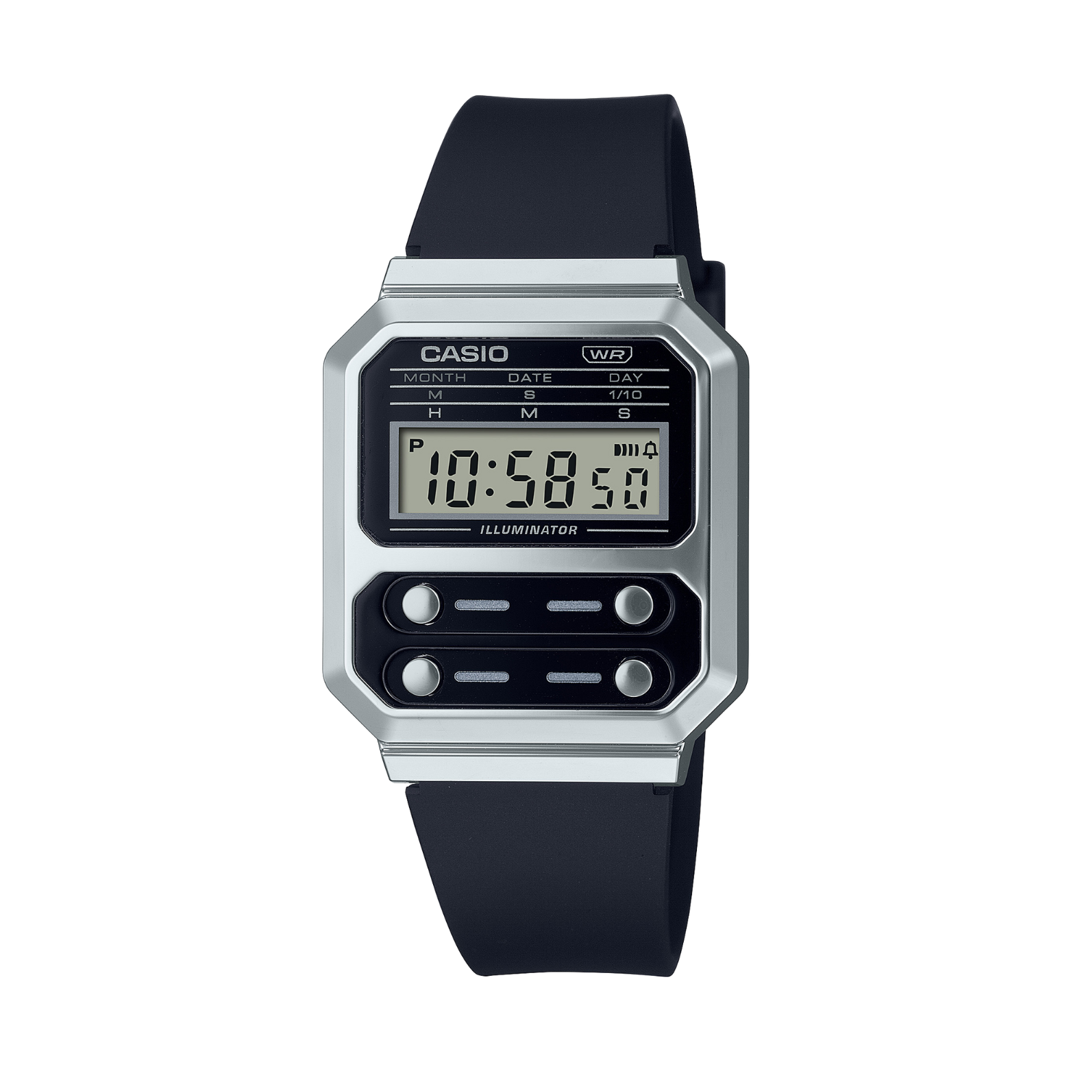 Casio digital watch with black strap on a white background