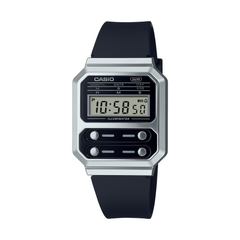 Casio digital watch with black strap on a white background