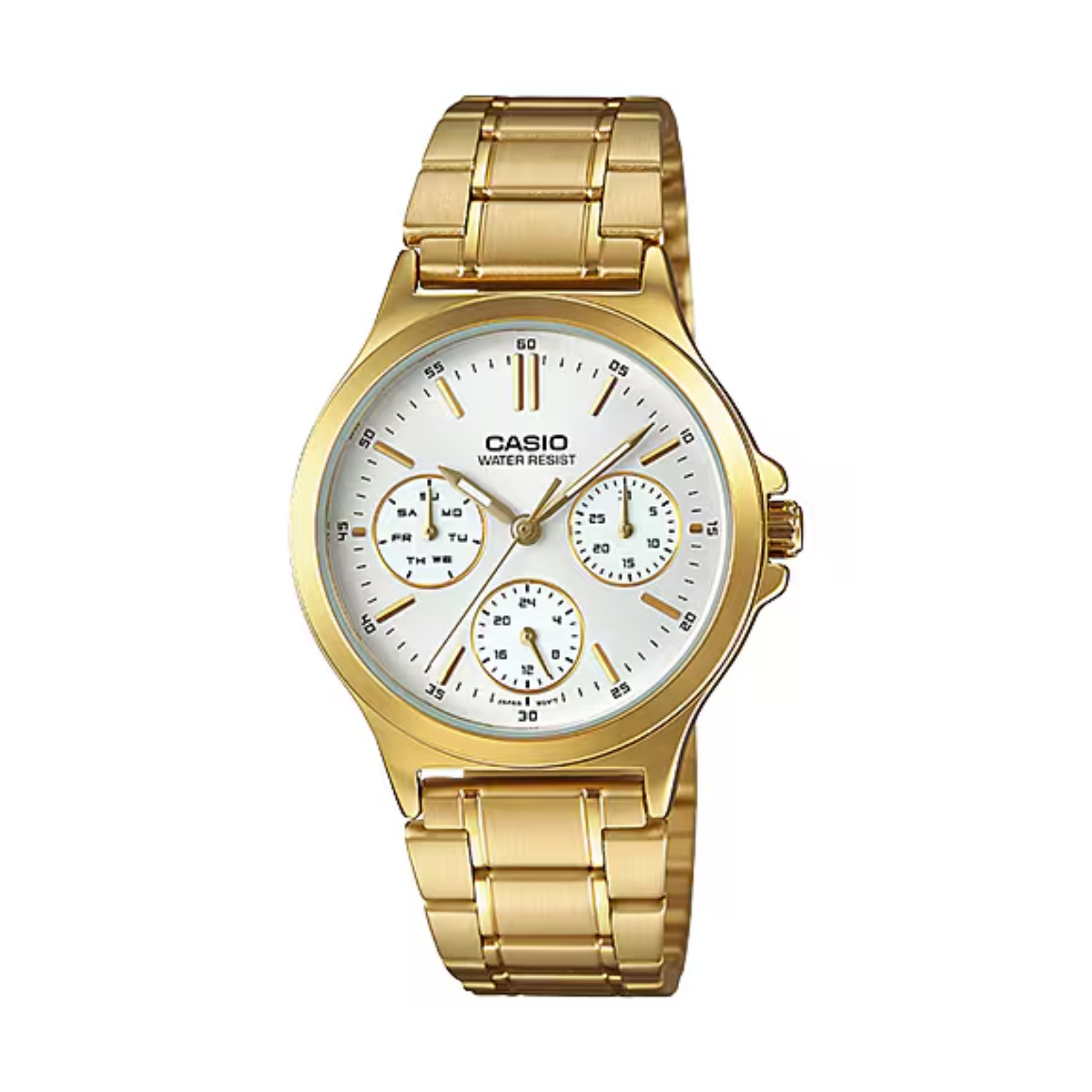 Gold Casio watch on a white background