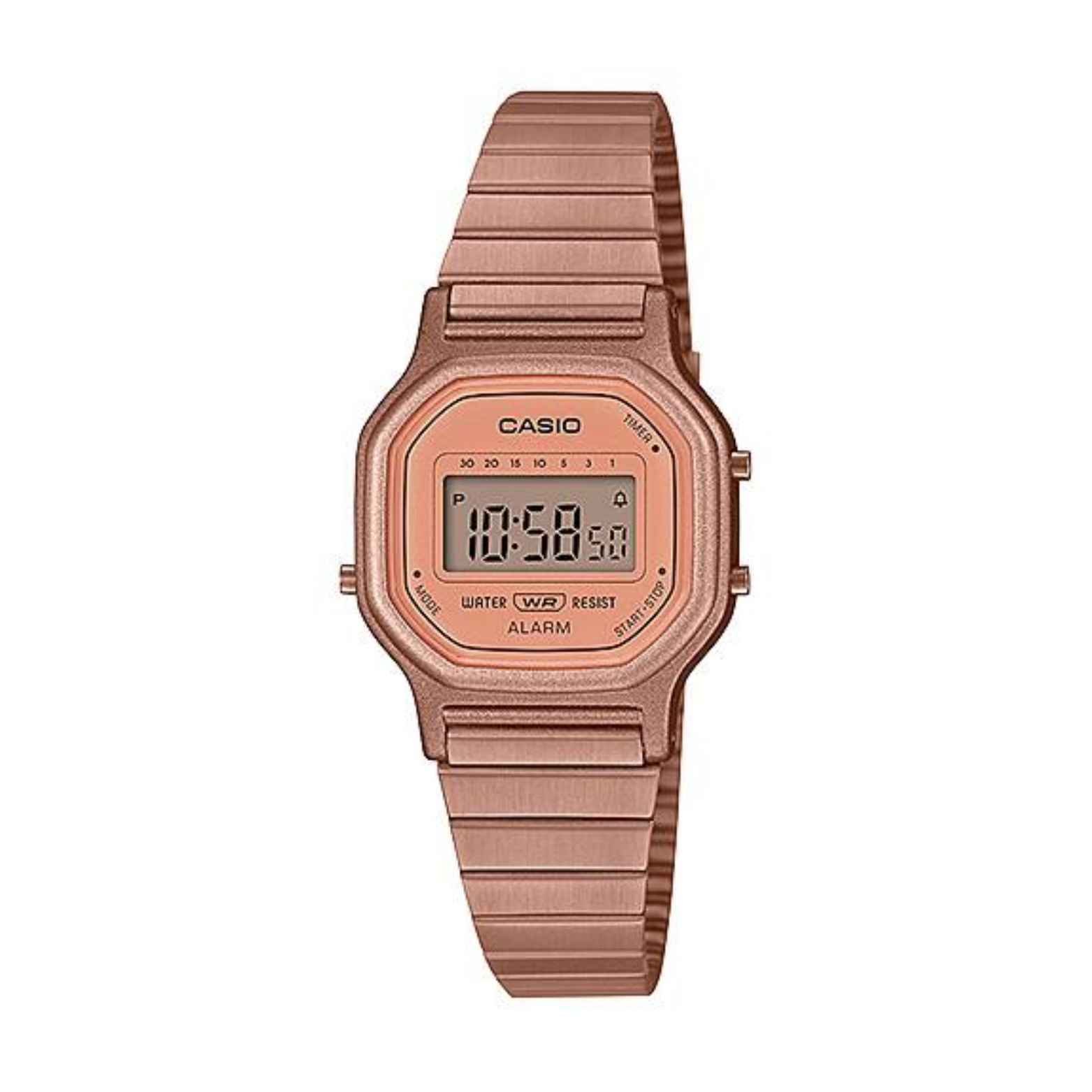 Rose gold Casio digital watch on a white background