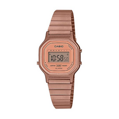 Rose gold Casio digital watch on a white background