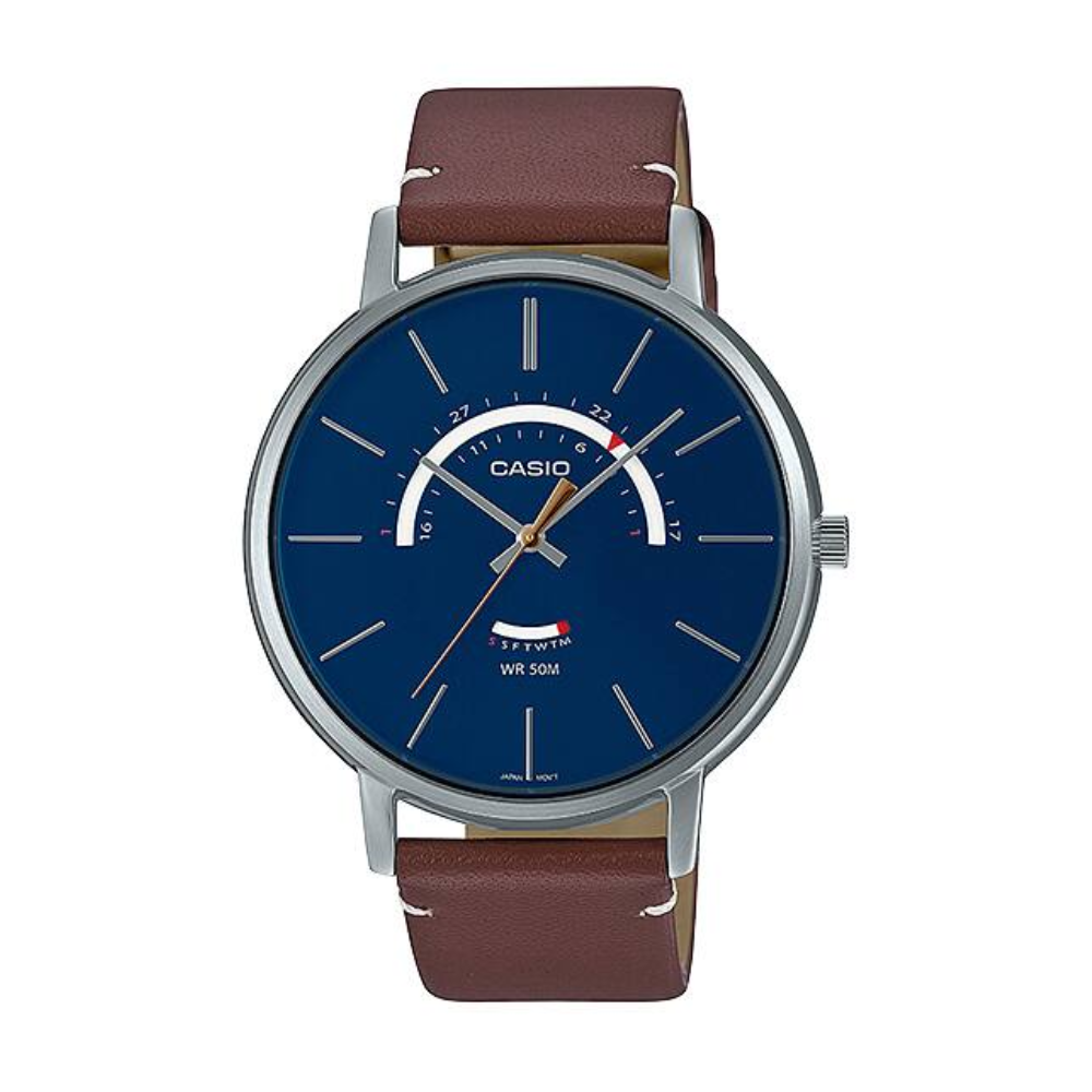 Casio watch with brown leather strap and blue dial on a white background