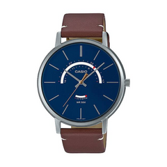 Casio watch with brown leather strap and blue dial on a white background