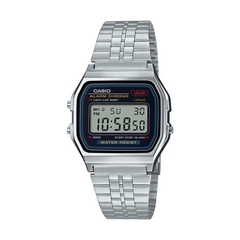 Silver Casio digital watch on a white background