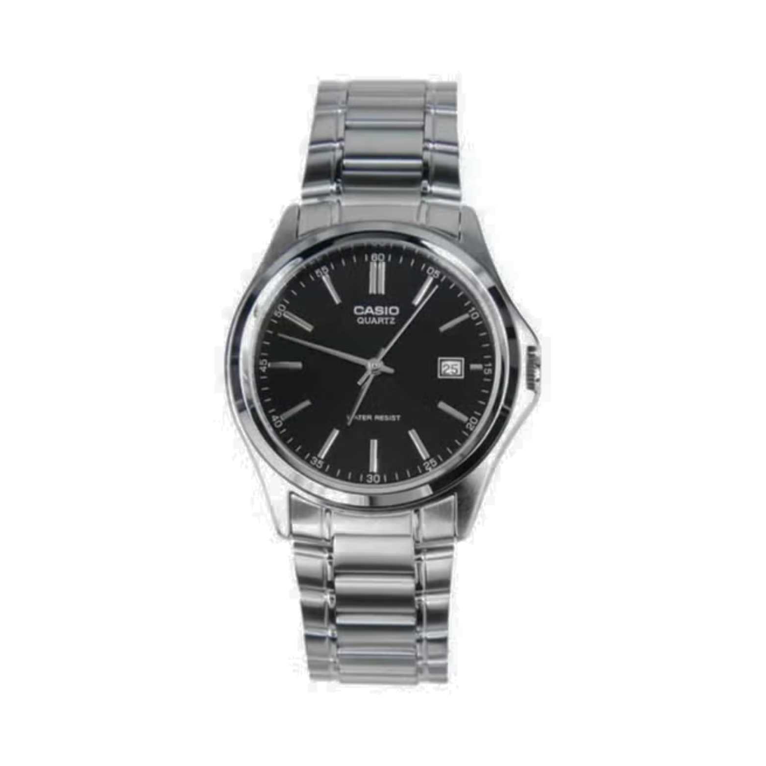 Casio watch with black dial and silver metal strap on a white background