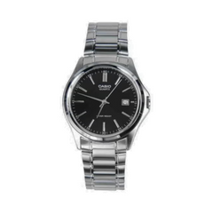 Casio watch with black dial and silver metal strap on a white background