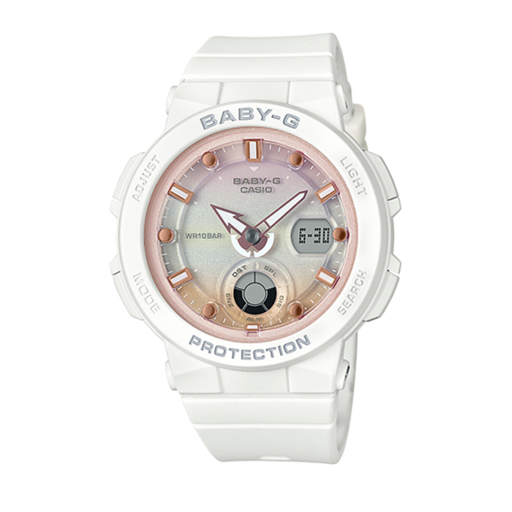 White Casio Baby-G watch with pink accents on a white background