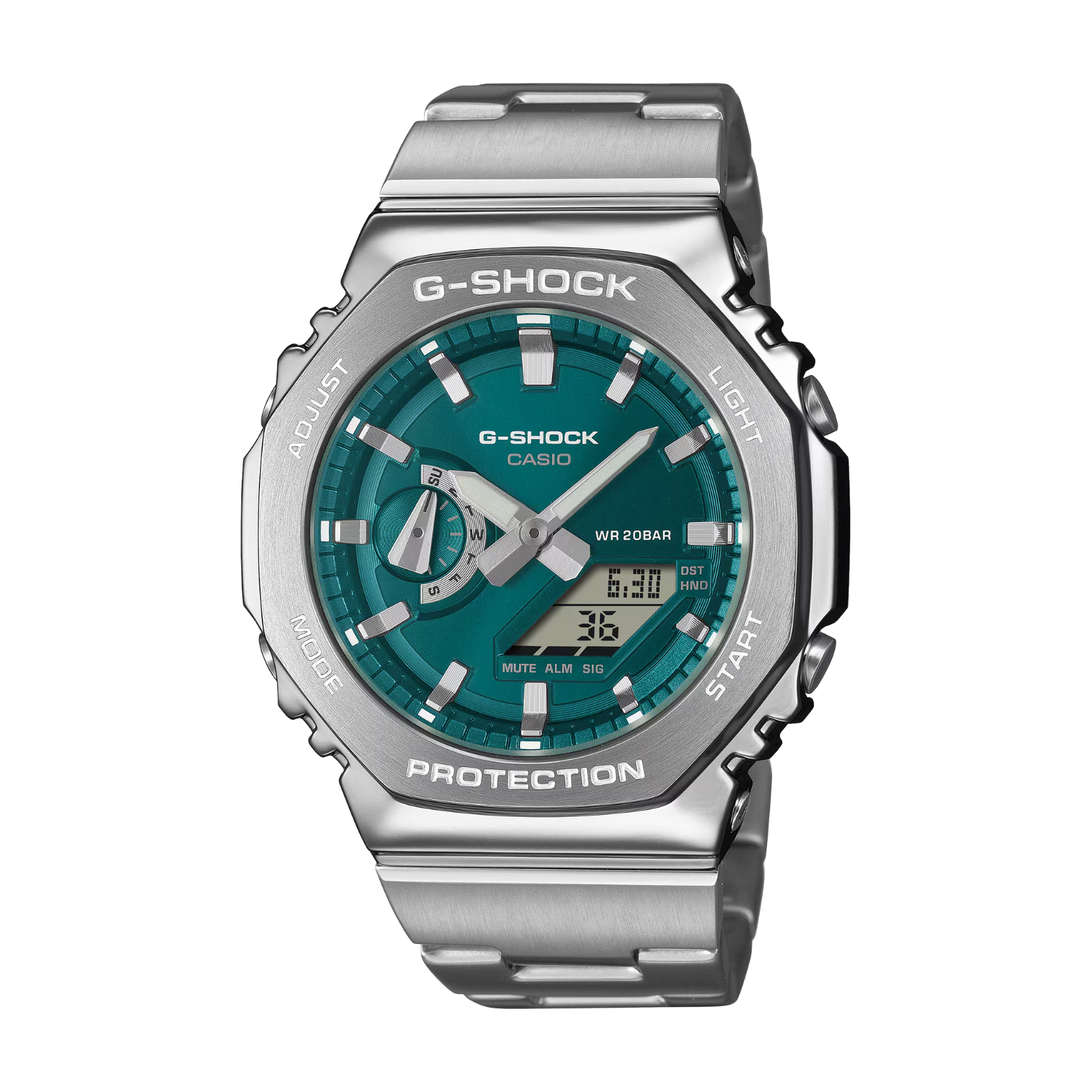G-Shock watch with silver case and teal face on a white background
