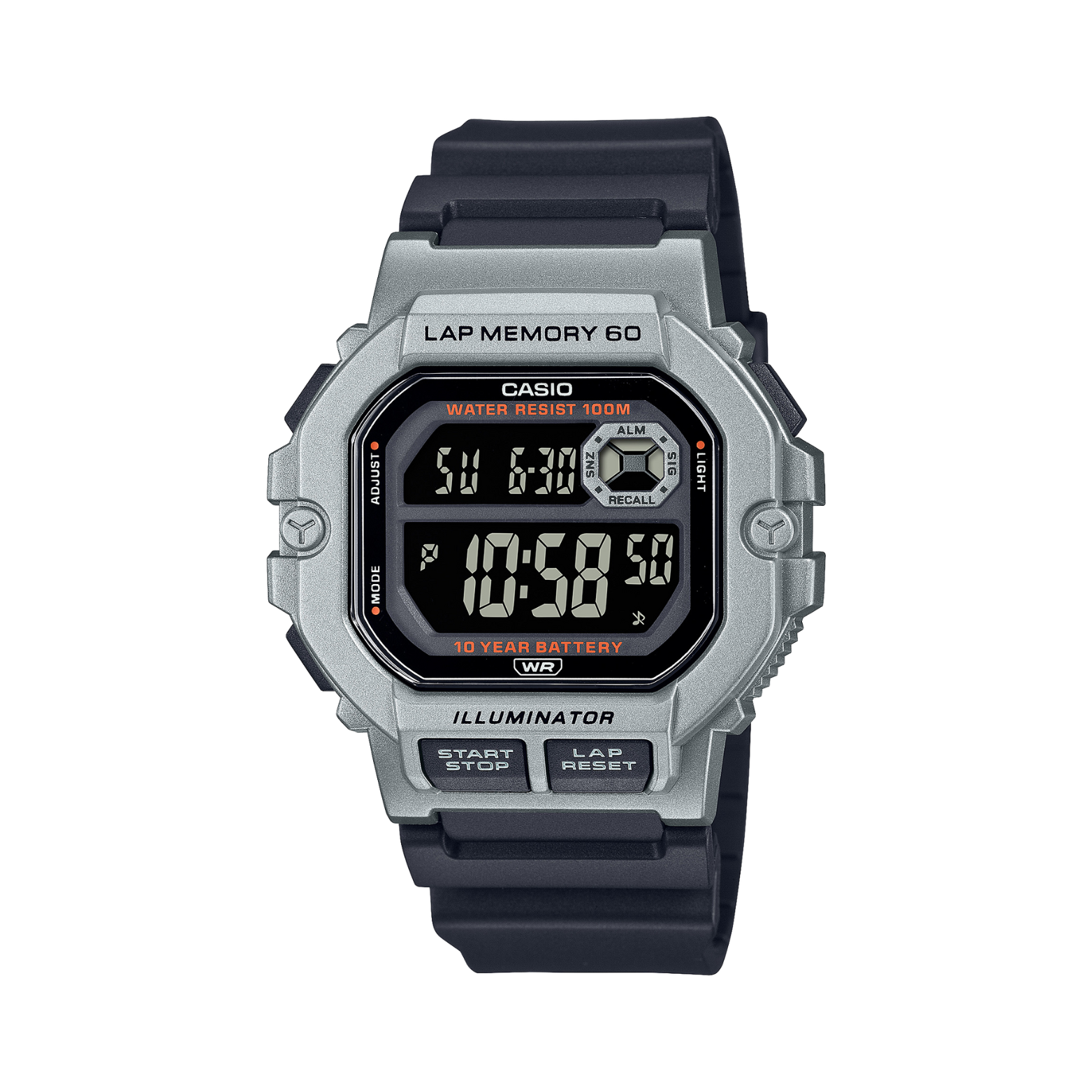 Digital watch with black strap and silver casing on a white background