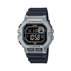 Digital watch with black strap and silver casing on a white background