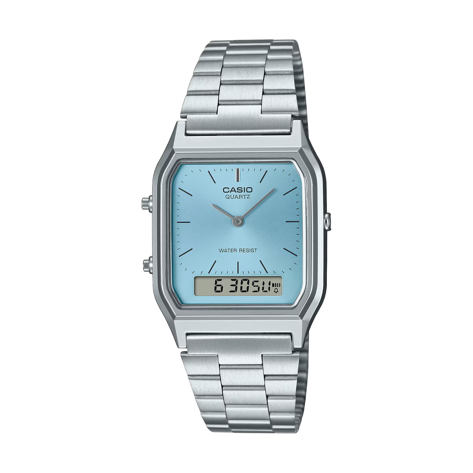 Casio watch with silver metal strap and light blue face on a white background