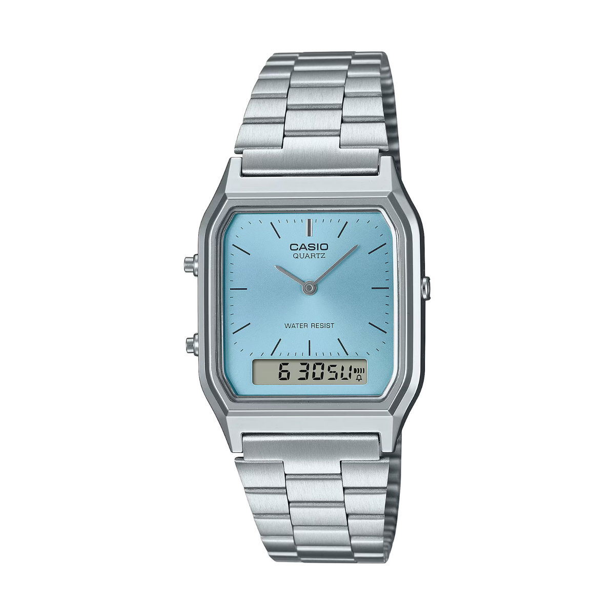 Casio watch with silver metal strap and light blue face on a white background