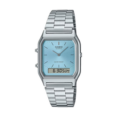 Casio watch with silver metal strap and light blue face on a white background