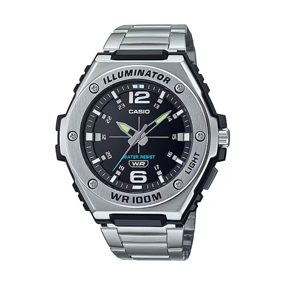 Casio watch with metallic band on a white background