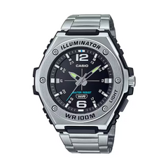 Casio watch with metallic band on a white background